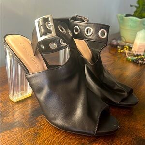 Black and Clear Heeled Peep-Toe Mule